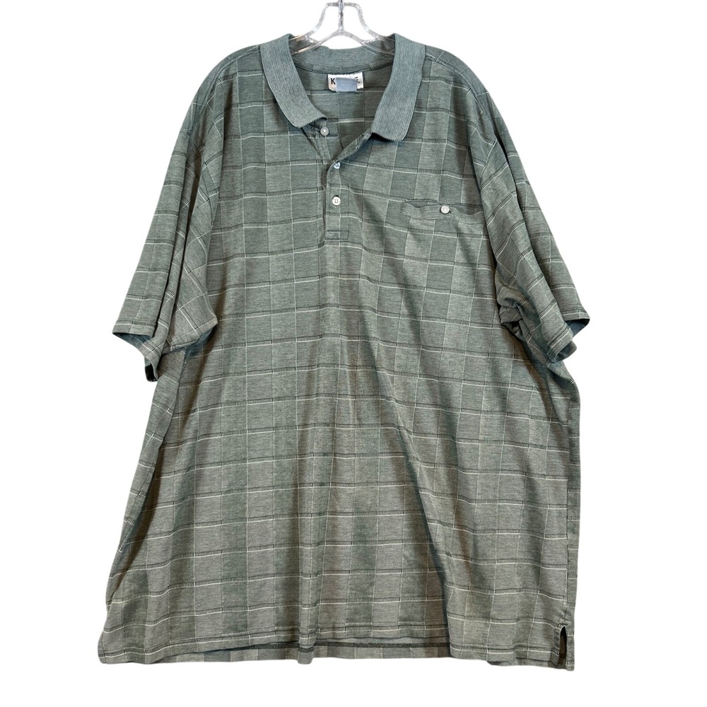King Size Mens 5XL Tall Sage Green Grid Textured Short Sleeve Polo Shirt Pocket